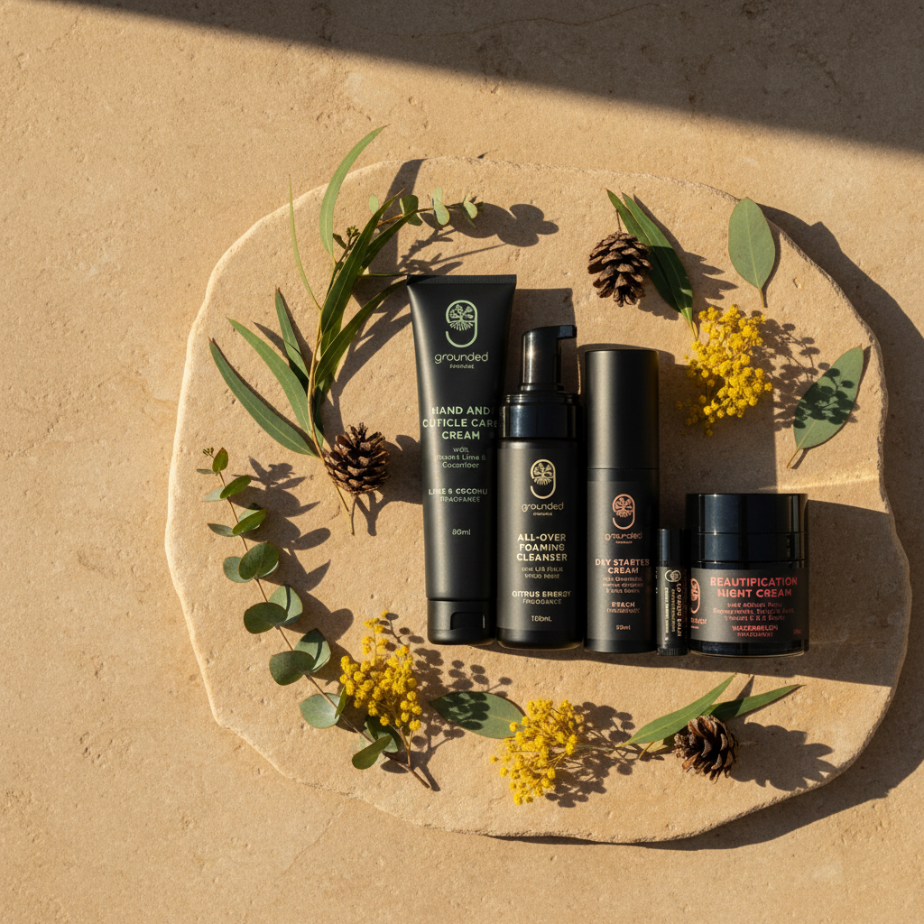 Earthborn Essentials Collection styled with Australian native botanicals