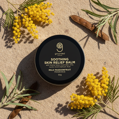 Soothing Skin Relief Balm flat tin editorial image showing Australian wattle seed