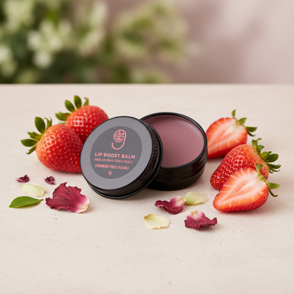Lip Boost Balm Strawberry Tingle editorial image showing the actual product packaging