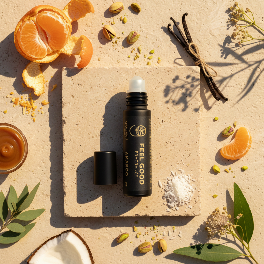Feel-Good Fragrance Amaroo editorial image showing the actual roll-on bottle