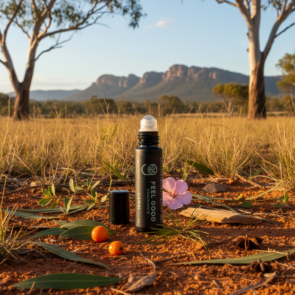 Feel-Good Fragrance Uambi editorial image in an Australian bush landscape
