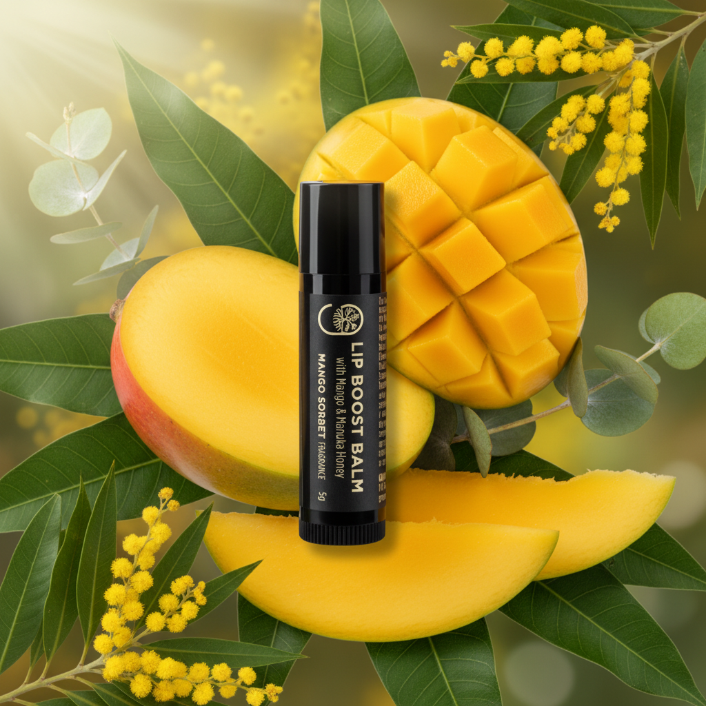 Lip Boost Balm Mango Sorbet editorial image showing the actual product packaging